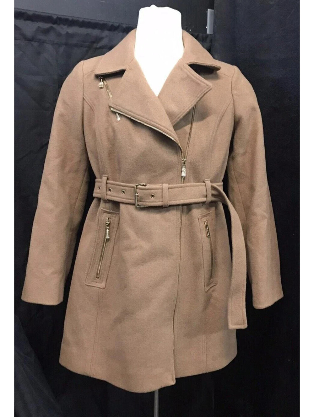 Michael Kors Womens Dark Camel Asymmetric Zip Wool Blend Belted Coat Jacket Sz12